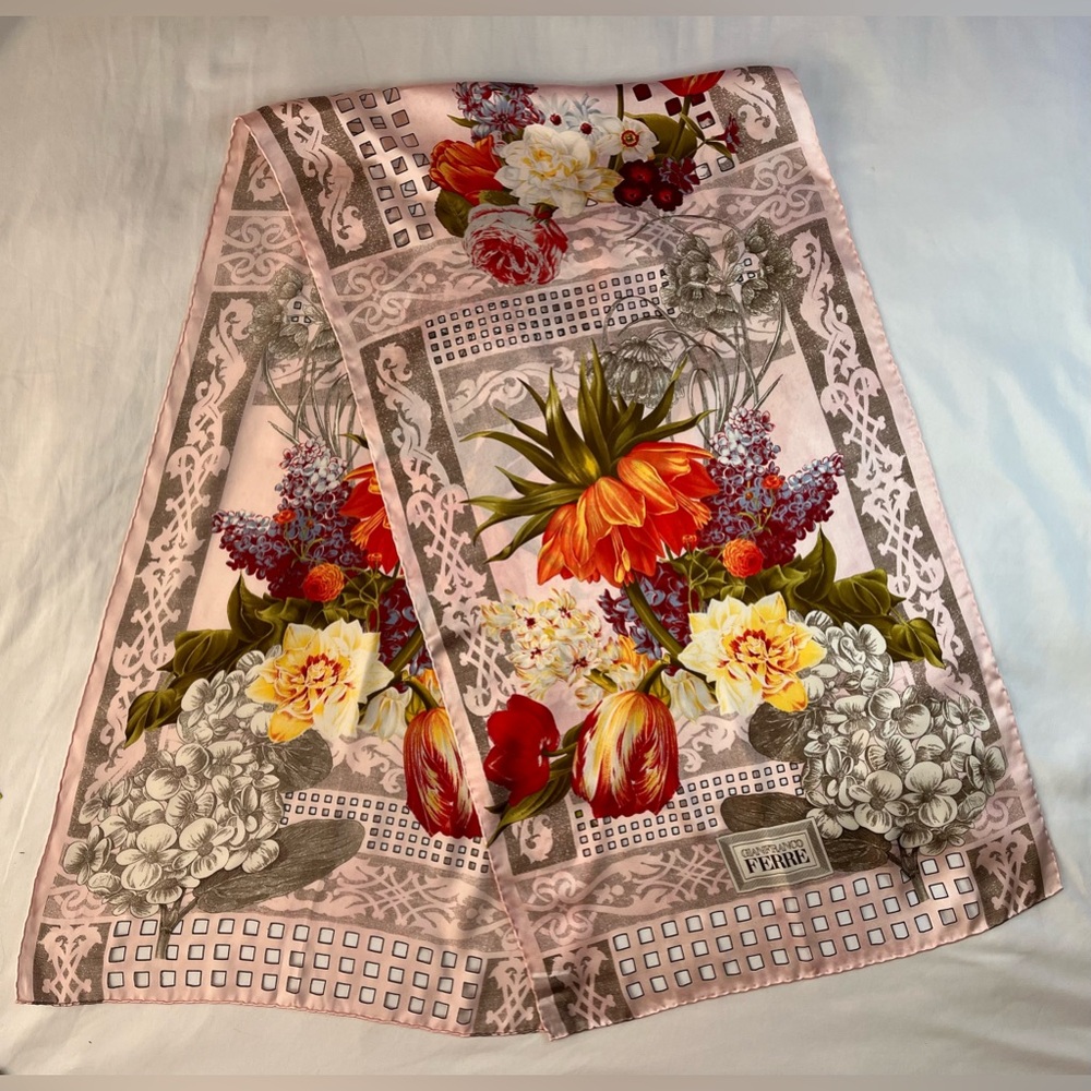 Gianfranco Ferrer Silk Scarf Italy Pink Floral Cut outs hand Rolled 17 1/2 X 61